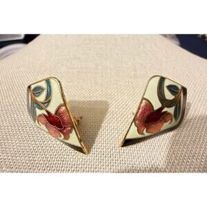 Vintage Signed Cloisonné Floral Post Earrings Gold Tone Enamel